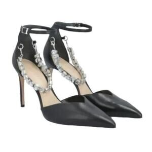 Schutz Aleah Leather Pointed Toe Heel Black Rhinestone Chain Sz 9.5 NWT $148 MSP